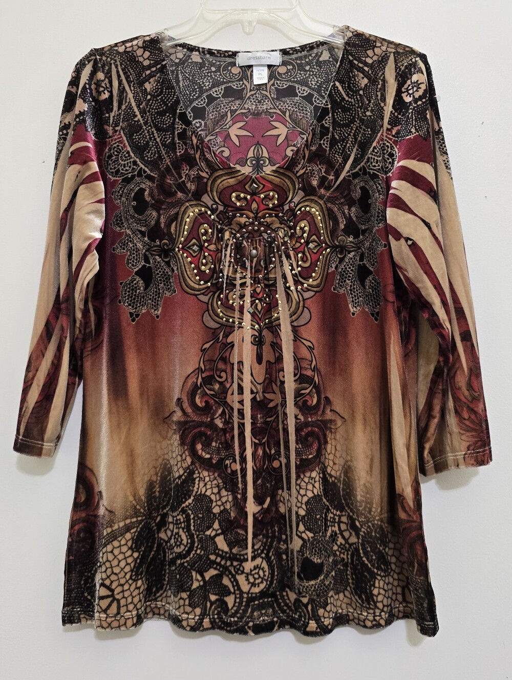 DRESSBARN size PETITE Large 3/4 Sleeve Beaded Paisley Velvet Western Boho Tunic
